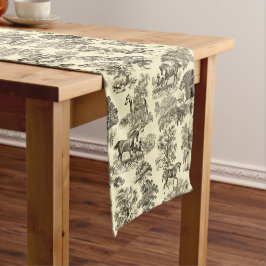 Camino De Mesa Corto Elegante Viejo Beige Rustic Horses Toile