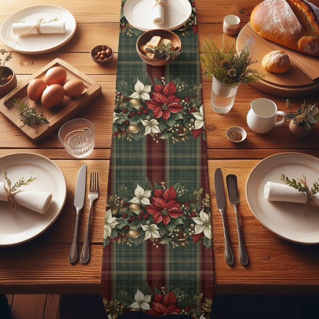 Camino De Mesa Corto Elegantes Navidades de Poinsettias Plaid (Subido por el creador)