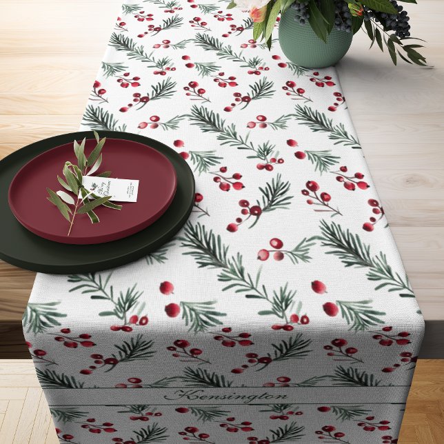 Camino De Mesa Corto Elegantes Navidades Rústicos Patrón de Pino Acuáti (Elegant Rustic Christmas Watercolor Pine Pattern Table Runner)