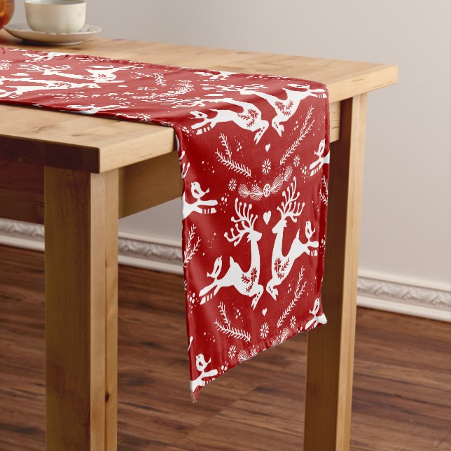 Camino De Mesa Corto Escándalo festivo lindo Navidad blanco rojo venado (In Situ)