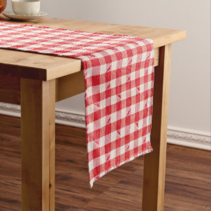 Camino De Mesa Corto Estampado de cuadros de gingham rojo y blanco a cu