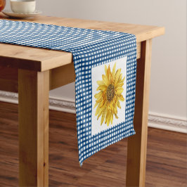 Camino De Mesa Corto Estilo de Campo Gingham a Cuadros Azul con Girasol