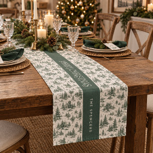 Camino De Mesa Corto Familia Evergreen Toile Feliz Navidad