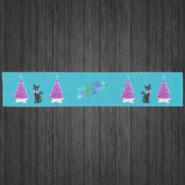 Camino De Mesa Corto Feliz Navidad Árboles Rosados Bonitos Gatos Negros
