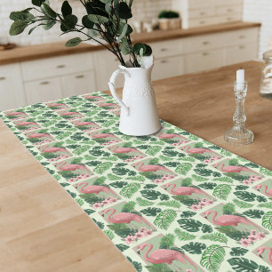 Camino De Mesa Corto Flamenco Rosa Tropical Hojas de Palma Verde Lirio