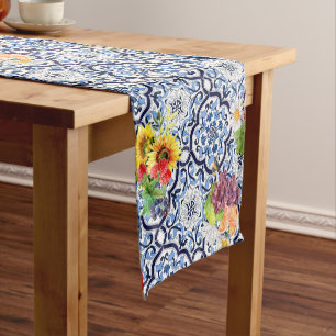Camino De Mesa Corto Flor azul ornato floral Berries Azulejos siciliano