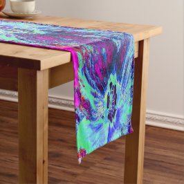 Camino De Mesa Corto Flor de hibiscus verde y azul psicodélico retro