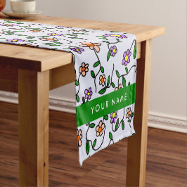 Camino De Mesa Corto Flores de colores, fondo azul, verde