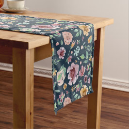 Camino De Mesa Corto Flores doradas y malvas en azul oscuro