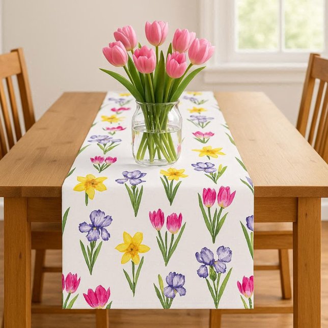 Camino De Mesa Corto Flores primaverales Tulipanes Lirios  (Mockup of spring floral table runner.  Not actual size of runner, shown wider that actual )