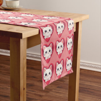 Camino De Mesa Corto Gato Blanco Adorable con Corazón Diseño de Amor Ka