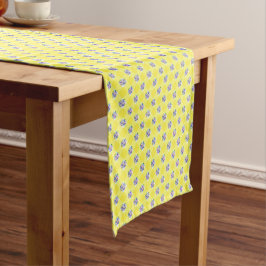 Camino De Mesa Corto Gingham Amarillo y Flores Azules Morados Campestre