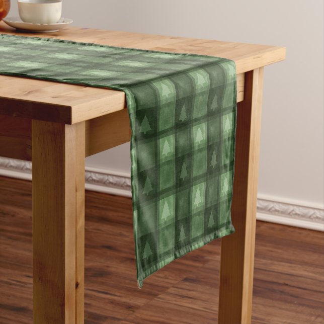 Camino De Mesa Corto Green Fir Tree Pattern Textured Plaid Christmas (In Situ)
