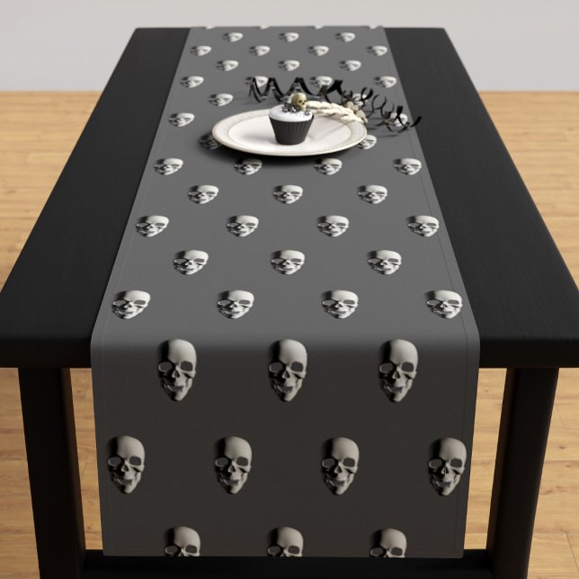 Camino De Mesa Corto Halloween Skull Pattern Gray Spooky Table Runner (A spooky skull pattern table runner perfect for your Halloween Party)
