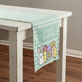 Camino De Mesa Corto Happy Easter Bunny Chick Eggs Green Gingham