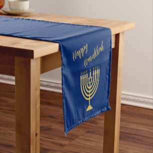 Camino De Mesa Corto Hapy Hanukkah Menorah Blue