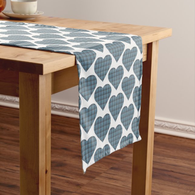 Camino De Mesa Corto Heart Shape Plaid Blue Gray Table Runner (In Situ)