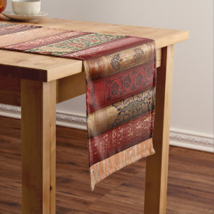 Camino De Mesa Corto Hermosas espinas de libros antiguos (rojo y beige)