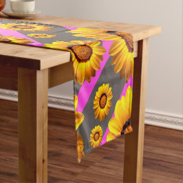 Camino De Mesa Corto Hermosas flores amarillas sobre rayas grises y ros