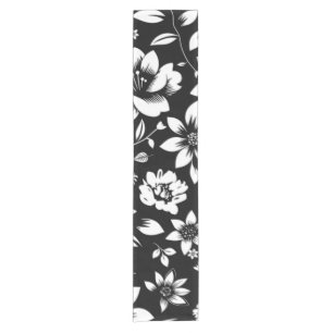 Camino De Mesa Corto Hojas florales modernas en blanco y negro soplando