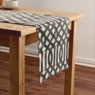Camino De Mesa Corto Linen Beige y Charcoal Modern Trellis