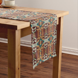 Camino De Mesa Corto Marrón beige taupe azul verde arte tribal