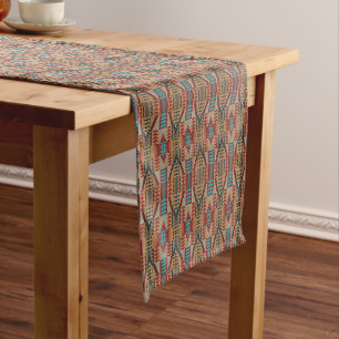 Camino De Mesa Corto Marrón Naranja Oxidado Turquesa Azul Teal Arte Tri