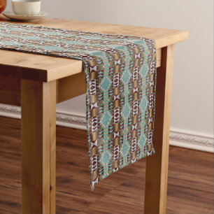 Camino De Mesa Corto Marrón Tauro Turquesa Azul Acuático Patrón Tribal