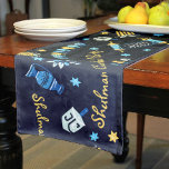 Camino De Mesa Corto Menorah Dreidel<br><div class="desc">Fijar una mesa de Fiestas de Hanukkah festiva y deleitar a tu afortunado destinatario con un Corredor de Mesa diseñado solamente para Chanukah! Incluya su apellido en este diseño para hacer de este regalo de Chanukah su propio regalo. Nuestra corredora de mesa Personalizado Menorah Dreidel personalizada en Hanukkah incluye menorahs,...</div>
