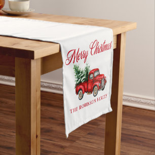 Camino De Mesa Corto Merry Christmas Watercolor Vintage Red Truck Blanc