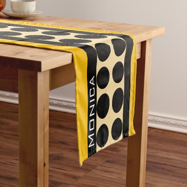 Camino De Mesa Corto Modern yellow  beige &black dots monogram name (In Situ)