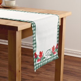 Camino De Mesa Corto Monograma del Personalizado Green Gingham & Red Po