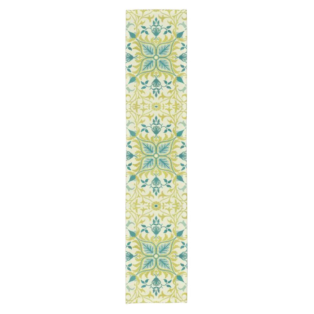 Camino De Mesa Corto Morris Yellow Turquoise Vine & Flower Pattern (Anverso)