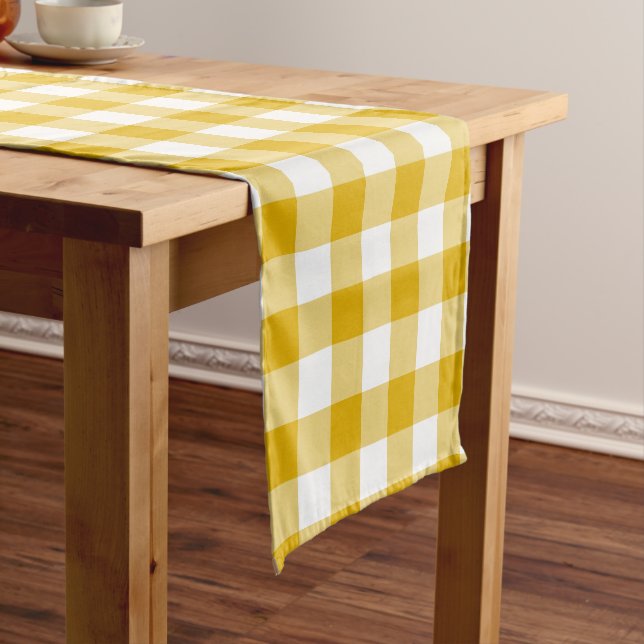 Camino De Mesa Corto Mustard Yellow Plaid Gingham Retro Table Runner (In Situ)