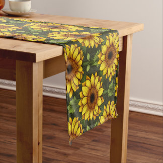Camino De Mesa Corto Naranja amarillo girasol con verde y marrón