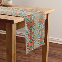 Camino De Mesa Corto Naranja Brown Aqua Turquoise Blue Tribal Art