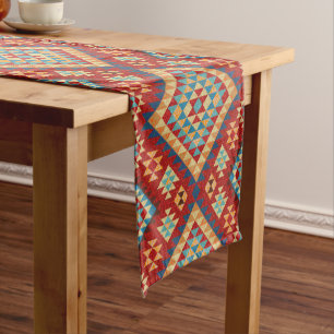 Camino De Mesa Corto Naranja Verde azulado azul rojo Patrón kilim orien