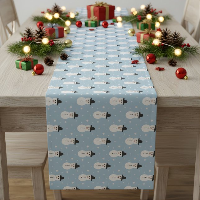 Camino De Mesa Corto Navidades Patrón de Snowman en azul (snowman table runner)