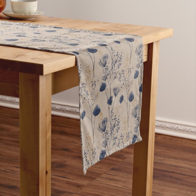 Camino De Mesa Corto Navy Botanical Wildflower Table Runner (In Situ)