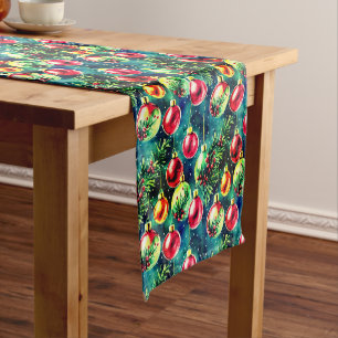 Camino De Mesa Corto Ornamentos navideños acuarelas, verde rojo y Verde