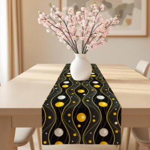 Camino De Mesa Corto Patrón Art Déco en Oro Plata y Negro