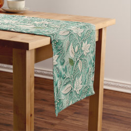 Camino De Mesa Corto Patrón Botánico Vintage Verde Beige Pastel