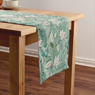 Camino De Mesa Corto Patrón Botánico Vintage Verde Beige Pastel
