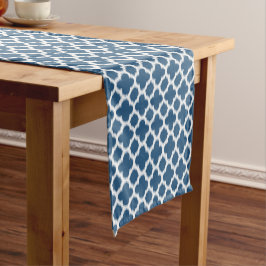 Camino De Mesa Corto Patrón de Arte Cuatrefolio Ikat Blanco Azul Tropic
