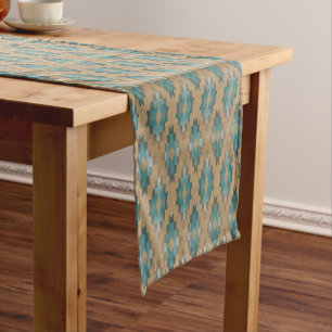 Camino De Mesa Corto Patrón de arte tribal azul teal marrón ocre taupe