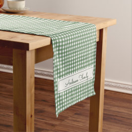 Camino De Mesa Corto Patrón de Gingham en Verde con doble Apellido
