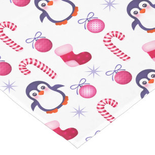 Camino De Mesa Corto Patrón de Navidades blancos y rosados con pingüino