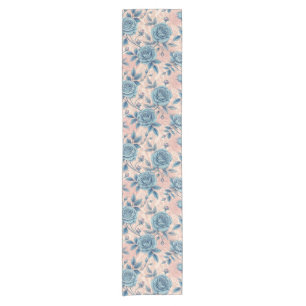 Camino De Mesa Corto Patrón Rosa azul retro sobre fondo rosa suave