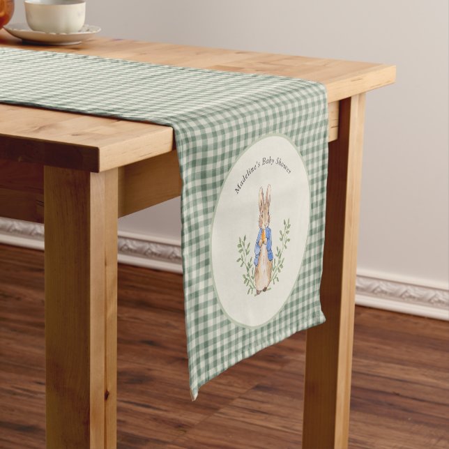 Camino De Mesa Corto Peter Rabbit Sage Gingham Shower Table Runner (In Situ)