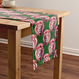 Camino De Mesa Corto Pink Lion Head Animal Pattern Design Green 